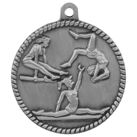 Antique Silver 2" Female Gymnastics High Relief Medal