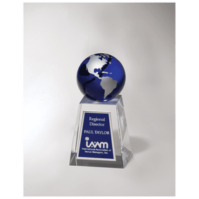 2 5/8" x 5 1/4" Crystal Trophy with Blue Globe and Blue/Silver Plate