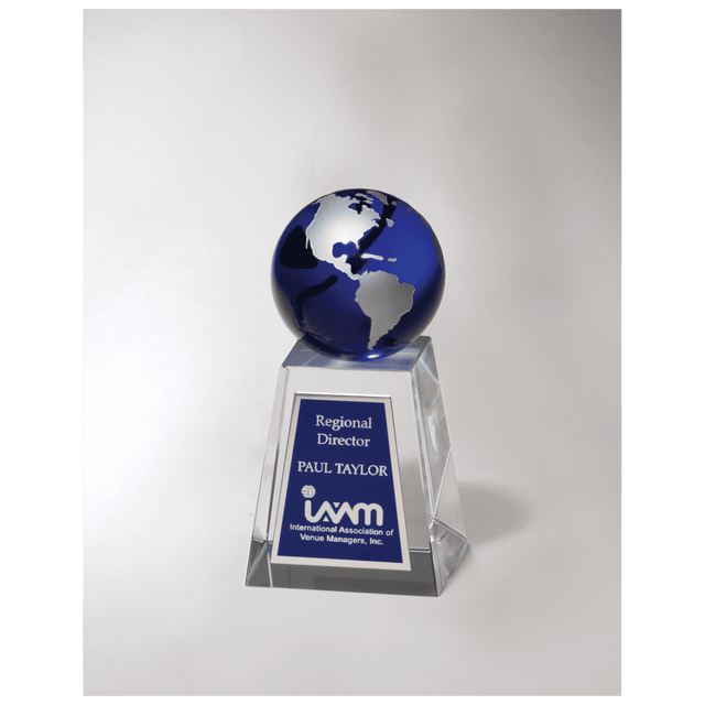 2 5/8" x 5 1/4" Crystal Trophy with Blue Globe and Blue/Silver Plate