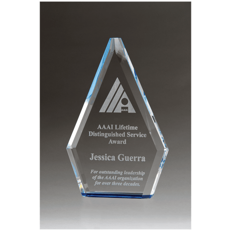 5 1/2" x 8" Flame Series Clear Crystal Award with Blue Accen               ted Bottom