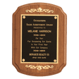 9" x 12" American Walnut Rounded, Scalloped Corner Plaque with Decorative Gold Scrolls and a Gold Border Black Laser Engravable Plate