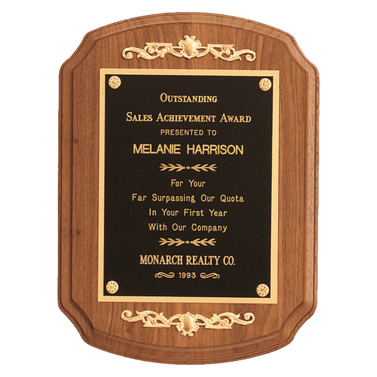 9" x 12" American Walnut Rounded, Scalloped Corner Plaque with Decorative Gold Scrolls and a Gold Border Black Laser Engravable Plate