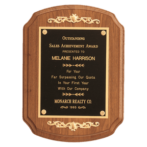 9" x 12" American Walnut Rounded, Scalloped Corner Plaque with Decorative Gold Scrolls and a Gold Border Black Laser Engravable Plate