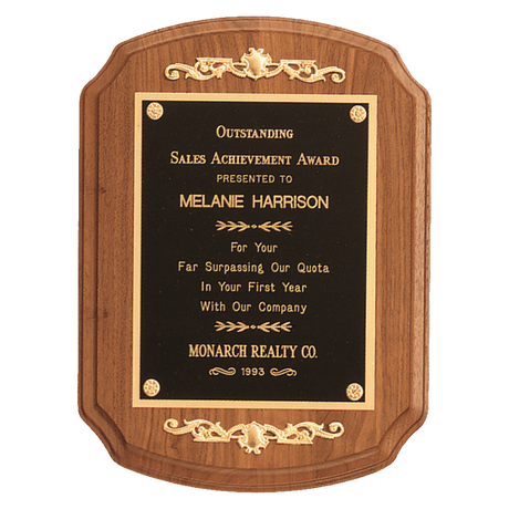 9" x 12" American Walnut Rounded, Scalloped Corner Plaque with Decorative Gold Scrolls and a Gold Border Black Laser Engravable Plate