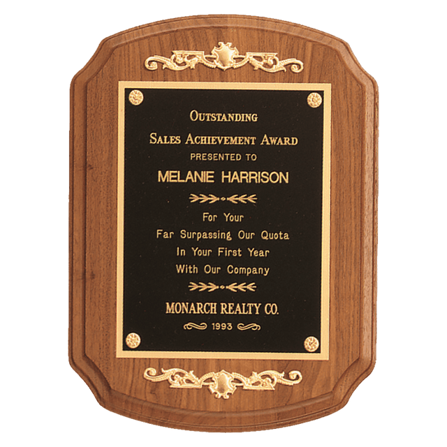 9" x 12" American Walnut Rounded, Scalloped Corner Plaque with Decorative Gold Scrolls and a Gold Border Black Laser Engravable Plate
