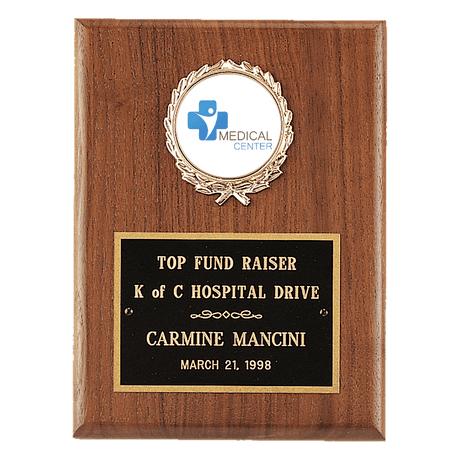 4 1/2" x 6" American Walnut Plaque with Gold Border Black Laserable Brass Plate and 2" Insert Holder- Witney Series (2" Inserts Sold Seperately)