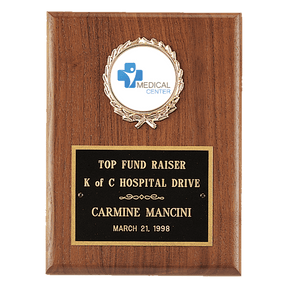 6" x 8" American Walnut Plaque with Gold Border Black Laserable Brass Plate and 2" Insert Holder- Witney Series (2" Inserts Sold Seperately)