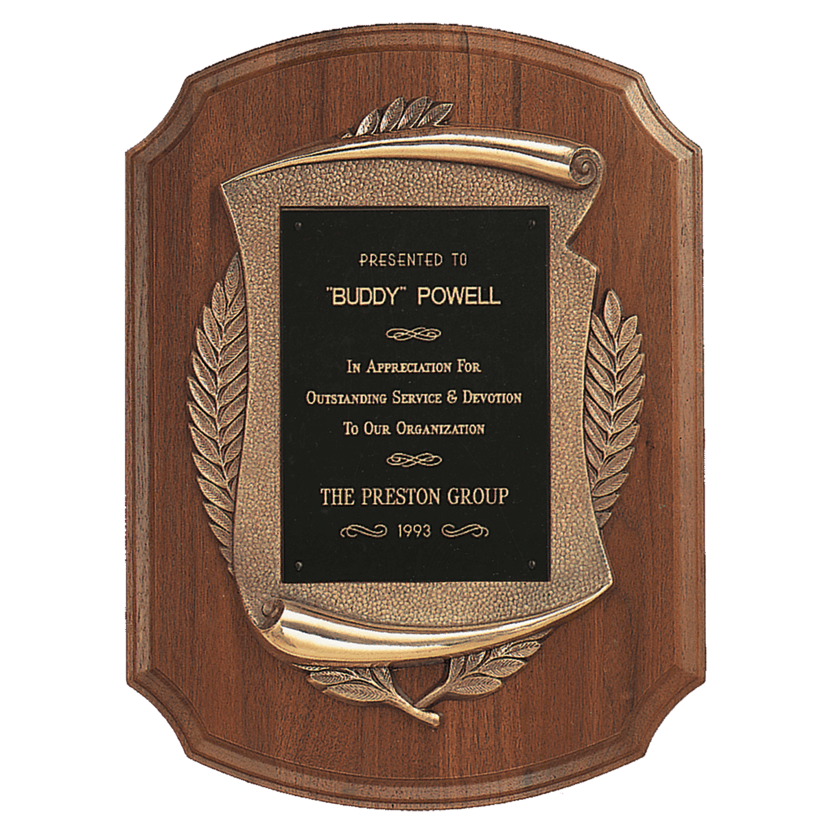11" x 15" American Walnut Notch Corner Plaque w/Antique Bronze Scroll & Black Brass Plate