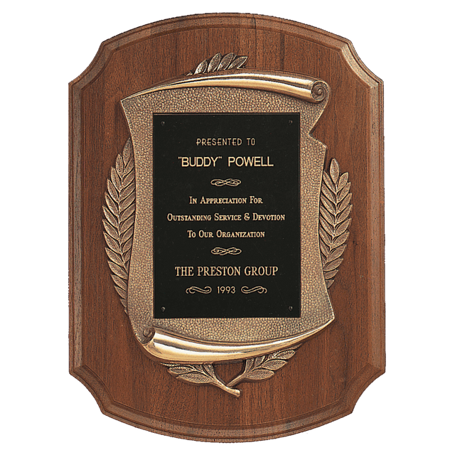 11" x 15" American Walnut Notch Corner Plaque w/Antique Bronze Scroll & Black Brass Plate