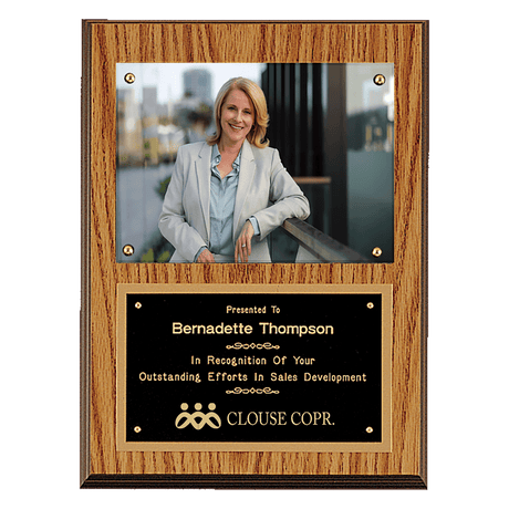 9" x 12" American Oak Finish Photo Plaque with Black Brass Plates-Photo Size 5" x 7"