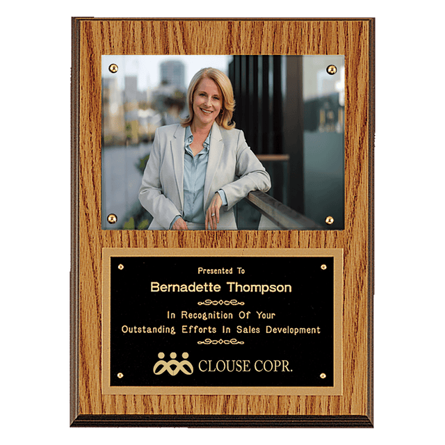9" x 12" American Oak Finish Photo Plaque with Black Brass Plates-Photo Size 5" x 7"