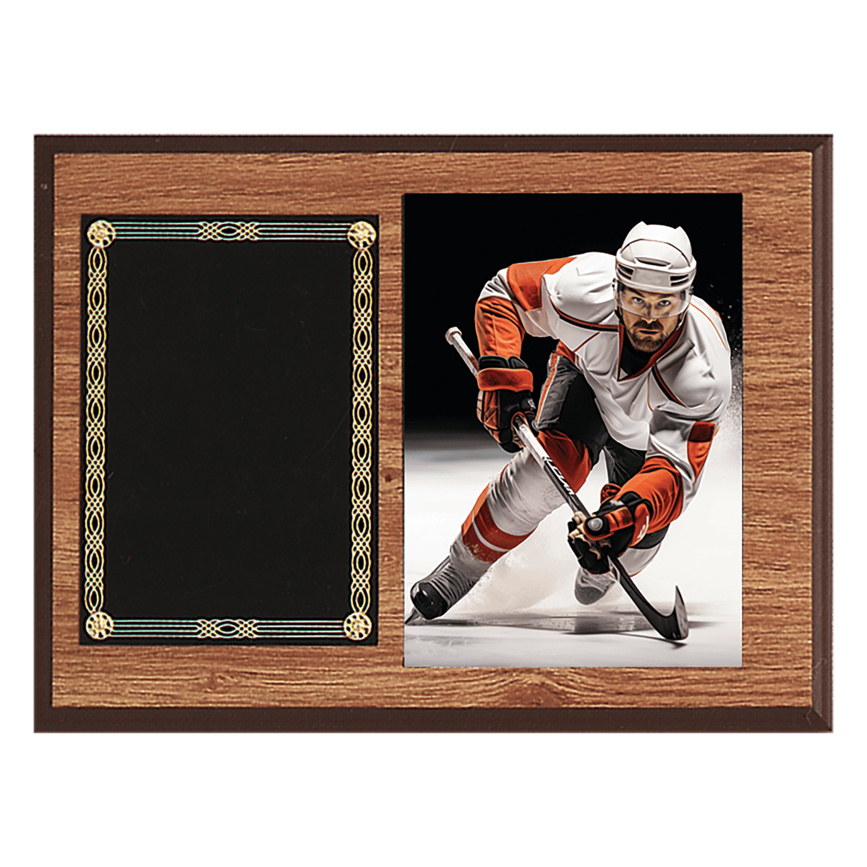 9" x 12" American Oak Finish Photo Plaque with Black Brass Plates-Photo Size 5" x 7"