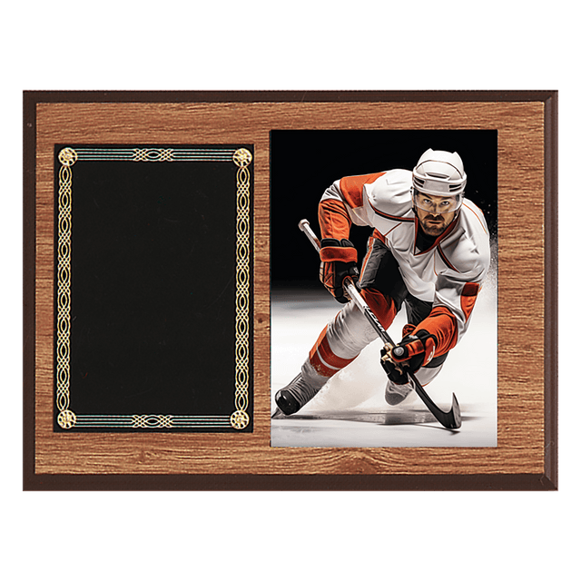 9" x 12" American Oak Finish Photo Plaque with Black Brass Plates-Photo Size 5" x 7"