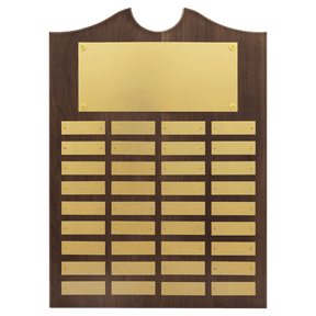 Walnut 36 Plate Perpetual Plaque with Brushed Brass 14" x 20"/Plates 7/8" x 2 3/4" American Plates
