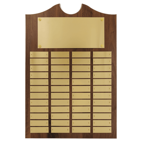 Walnut 48 Plate Perpetual Plaque with Brushed Brass 14" x 20"/Plates 7/8" x 2 3/4" American Plates