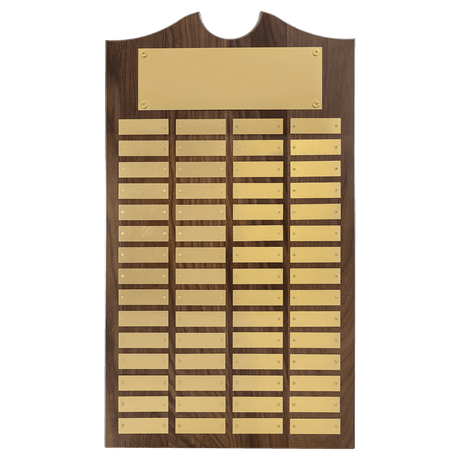 Walnut 60 Plate Perpetual Plaque with Brushed Brass 14" x 25"/Plates 7/8" x 2 3/4" American Plates