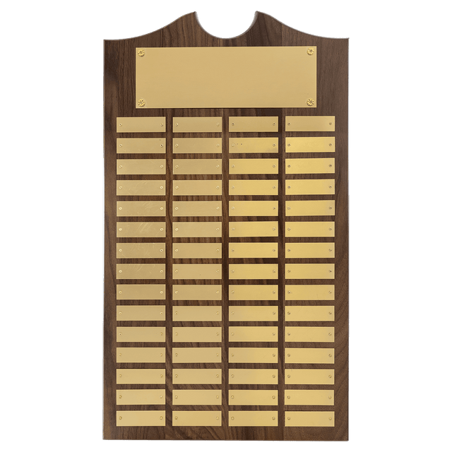 Walnut 60 Plate Perpetual Plaque with Brushed Brass 14" x 25"/Plates 7/8" x 2 3/4" American Plates