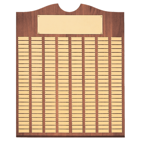 Walnut 150 Plate Perpetual Plaque with Brushed Brass 20" x 30"/Plates 7/8" x 2 3/4" American Plates