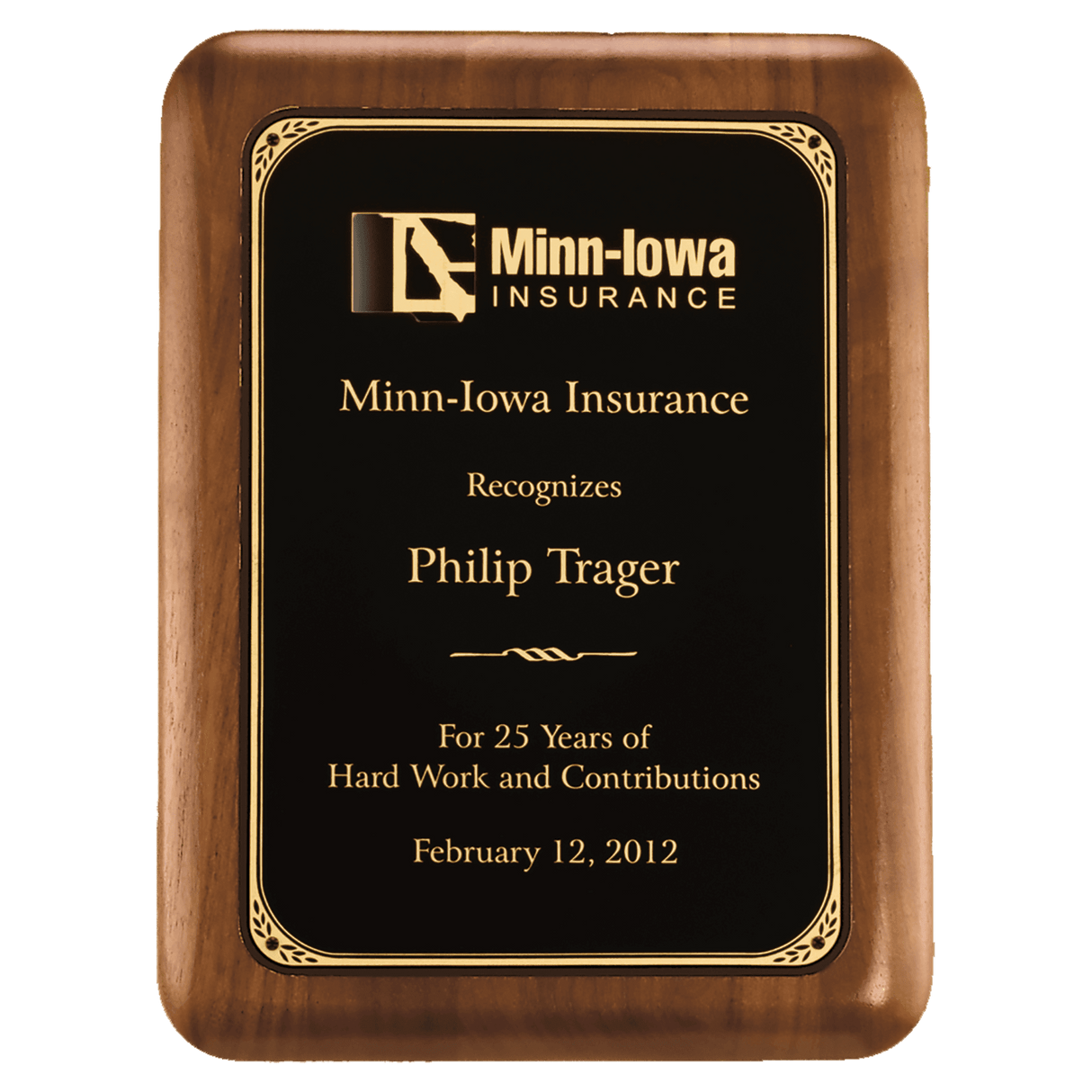 7" x 9" American Walnut Plaque with Gold Border Laserable Black Brass Plate