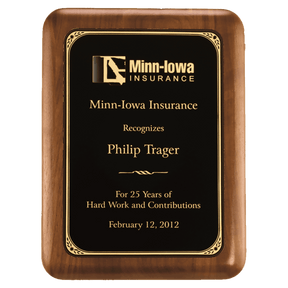 9" x 12" American Walnut Plaque with Gold Border Laserable Black Brass Plate