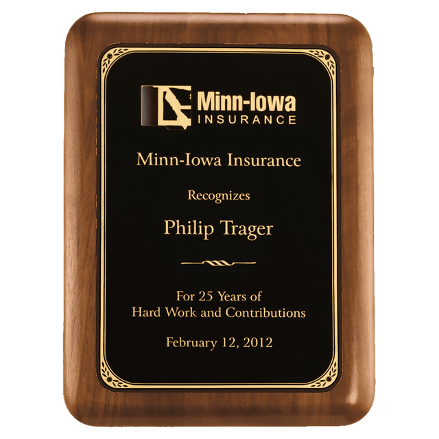 9" x 12" American Walnut Plaque with Gold Border Laserable Black Brass Plate
