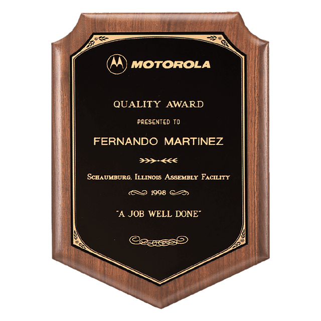9" x 12" American Walnut Plaque with Gold Border Laserable Black Brass Plate