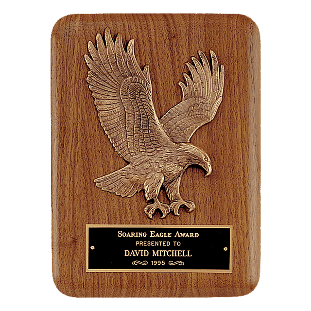 7" x 9" Solid American Walnut Plaque with Finely Detailed Eagle Relief and Black Laserable Brass Plate