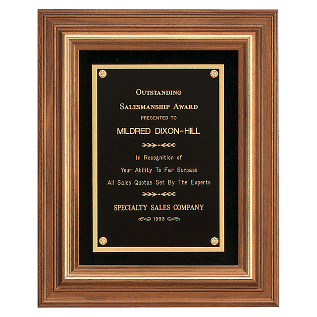 13" x 16" American Walnut Framed Plaque w/Gold Trim & Black Velour Back, Black Brass Plate