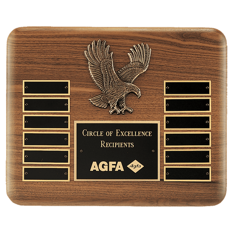 13" X 10 1/2" Solid American Walnut Plaque with Finely Detailed Antique Bronze Eagle Casting and Black LaserFX Header and 12 Perpetual Plates