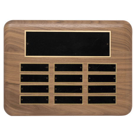 9" x 12"/Plates 7/8" x 2 3/4" American Walnut 12 Plate Perpetual Plaque with Black Brass Plated Steel Plates