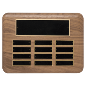 9" x 12"/Plates 7/8" x 2 3/4" American Walnut 12 Plate Perpetual Plaque with Black Brass Plated Steel Plates