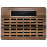Walnut 36 Plate Perpetual Plaque with Black Brass 15" x 21"/Plates 7/8" x 2 3/4" American Plated Steel Plates