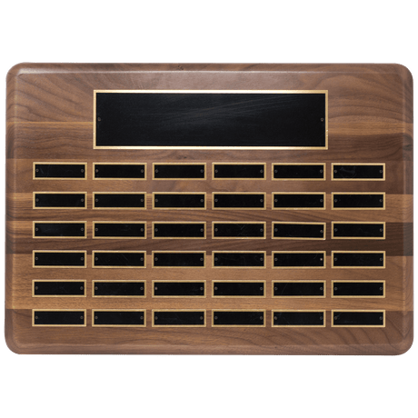 Walnut 36 Plate Perpetual Plaque with Black Brass 15" x 21"/Plates 7/8" x 2 3/4" American Plated Steel Plates