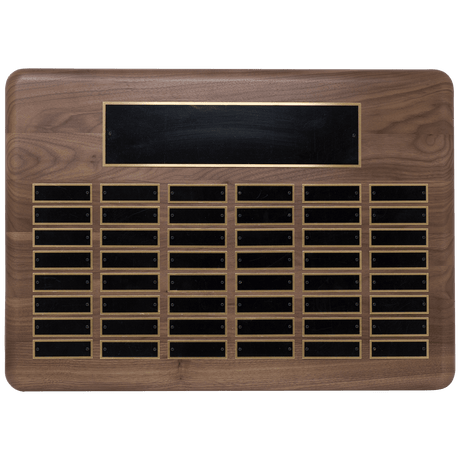 Walnut 48 Plate Perpetual Plaque with Black Brass 15" x 21"/Plates 7/8" x 2 3/4" American Plated Steel Plates