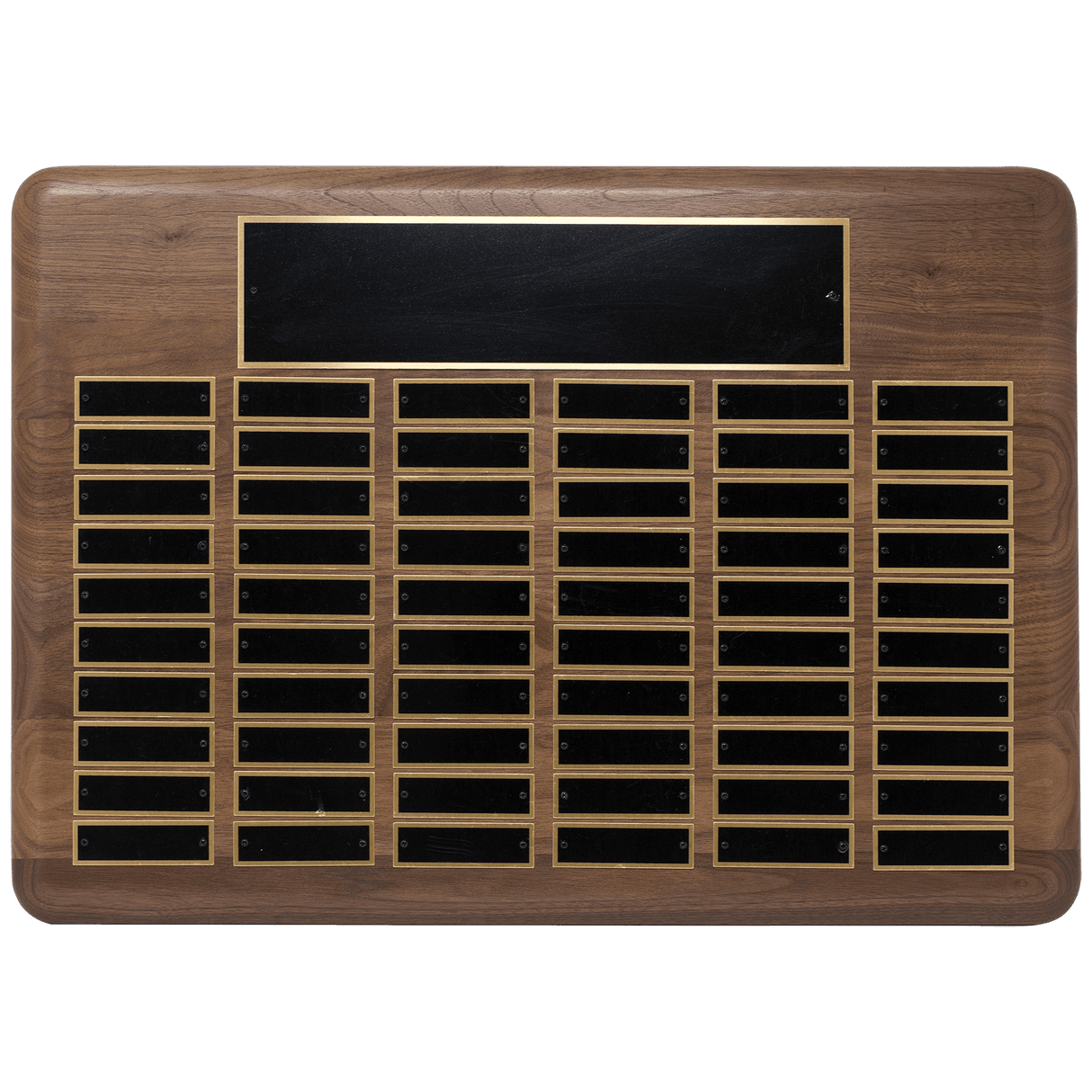 Walnut 96 Plate Perpetual Plaque with Black Brass 22" x 30"/Plates 7/8" x 2 3/4" American Plated Steel Plates