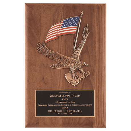 8" x 10 1/2" Solid American Walnut Plaque with Finely Detailed Eagle with American Flag Relief and Black Laserable Brass Plate
