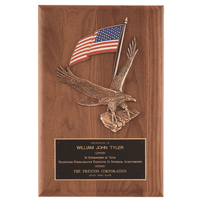 8" x 10 1/2" Solid American Walnut Plaque with Finely Detailed Eagle with American Flag Relief and Black Laserable Brass Plate
