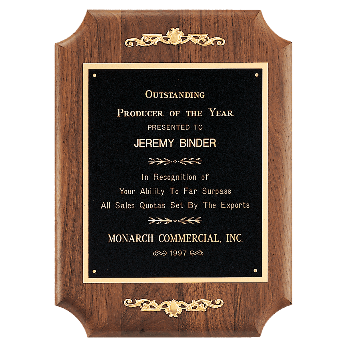 9" x 12" American Walnut Scalloped Corner Plaque with  Gold Scrolls and Go ld Border Black Laser Engravable Plate