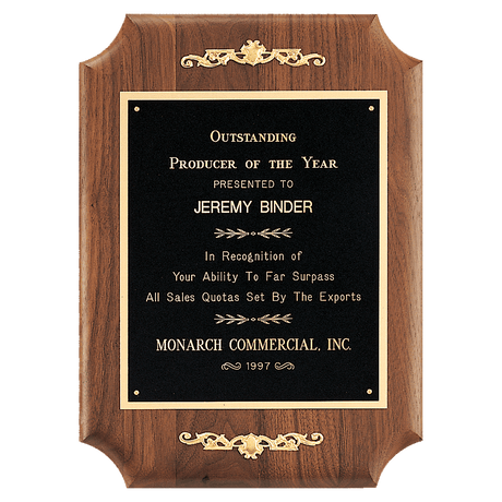 9" x 12" American Walnut Scalloped Corner Plaque with  Gold Scrolls and Go ld Border Black Laser Engravable Plate