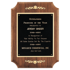 9" x 12" American Walnut Scalloped Corner Plaque with  Gold Scrolls and Go ld Border Black Laser Engravable Plate