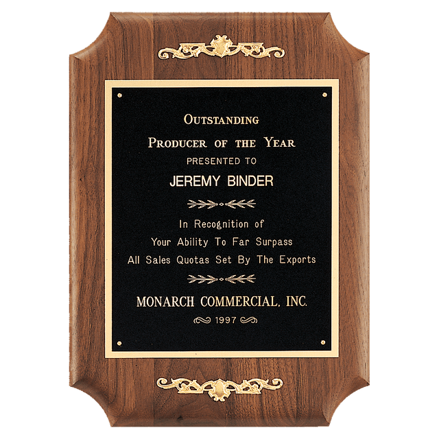 11" x 15" American Walnut Scalloped Corner Plaque with Decorative Gold Scrolls and Gold Border Black Laser Engravable Plate