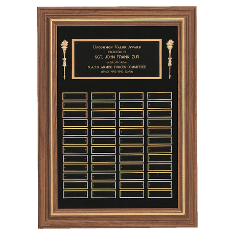 Walnut 36 Plate Perpetual Plaque with Black Brass 18" x 25"/Plates 7/8" x 2 3/4" American Plates