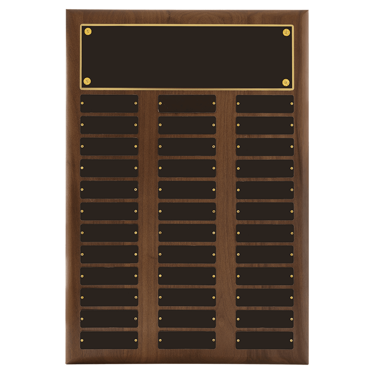 14" x 20"/Plates 1" x 3 1/4" American Walnut 36 Plate Perpetual Plaque with Black Brass Plates