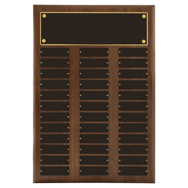 14" x 20"/Plates 1" x 3 1/4" American Walnut 36 Plate Perpetual Plaque with Black Brass Plates