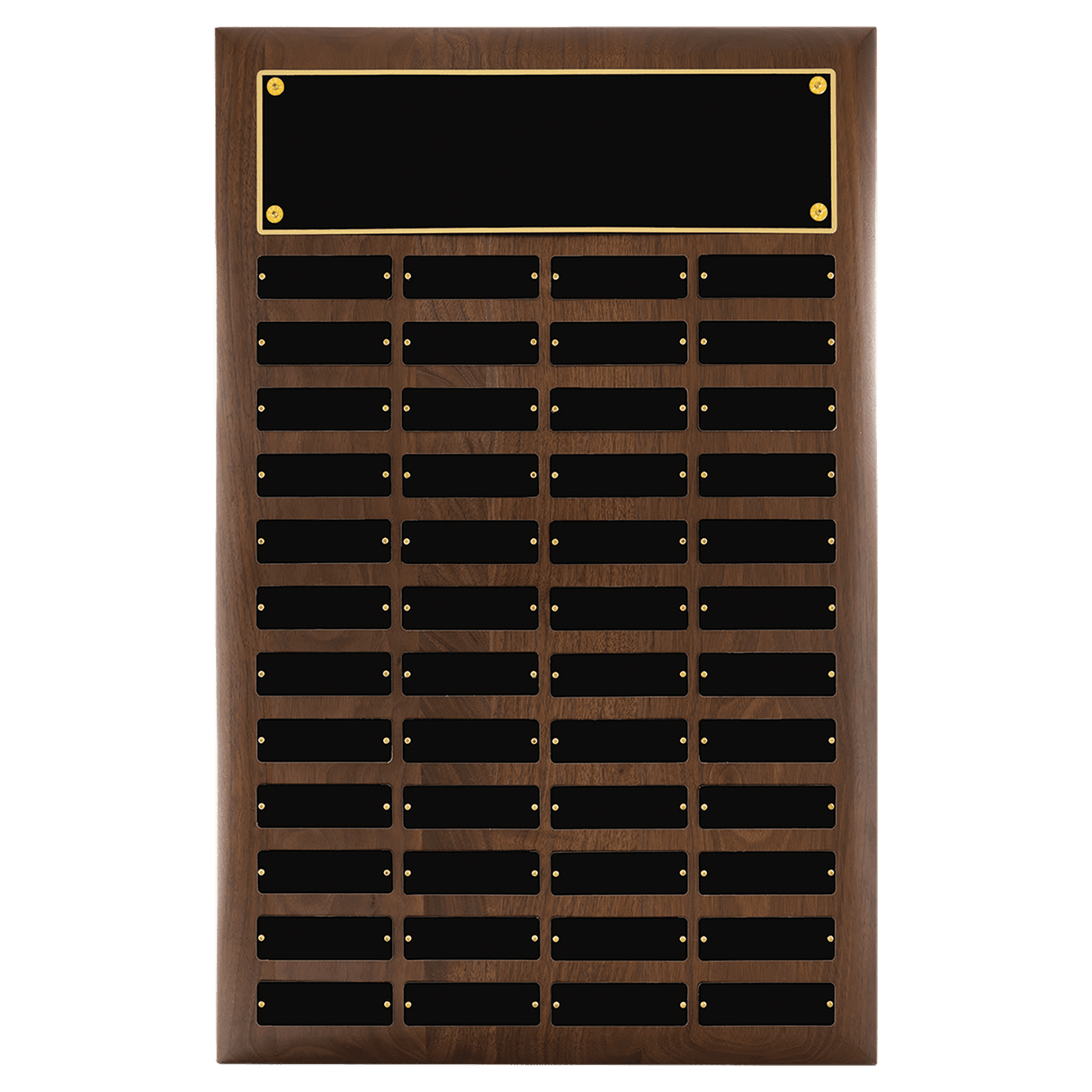 Walnut 48 Plate Perpetual Plaque with Black Brass 16" x 24"/Plates 1" x 3 1/4" American Plates