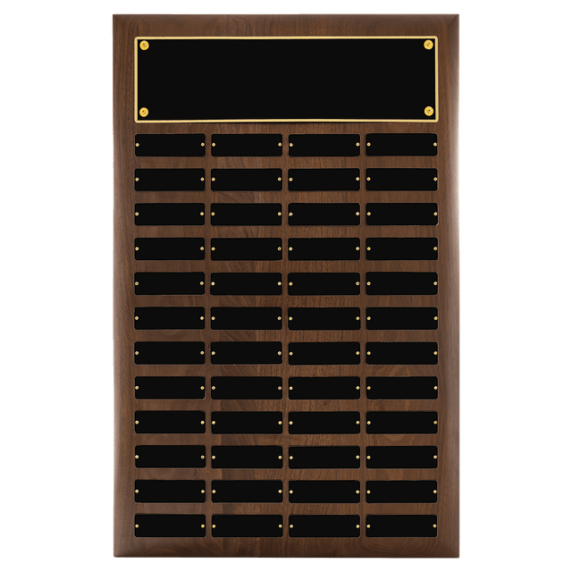 Walnut 48 Plate Perpetual Plaque with Black Brass 16" x 24"/Plates 1" x 3 1/4" American Plates