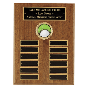 9" x 12" American Walnut Perpetual Plaque with 12 Gold Border Black Laserable Brass Plates and 2" Insert Holder- Witney Series