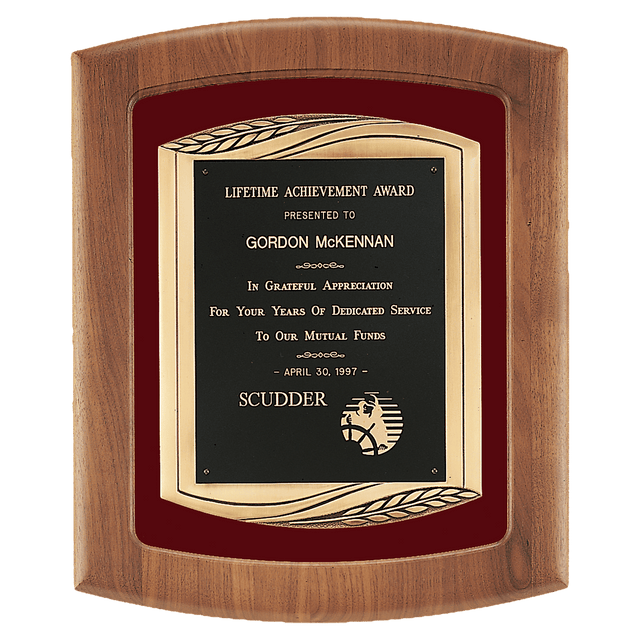 14" x 17" American Walnut Frame with Maroon Velour Background and Black Laser Engravable Plate in an Antique Bronze Finished Frame Casting