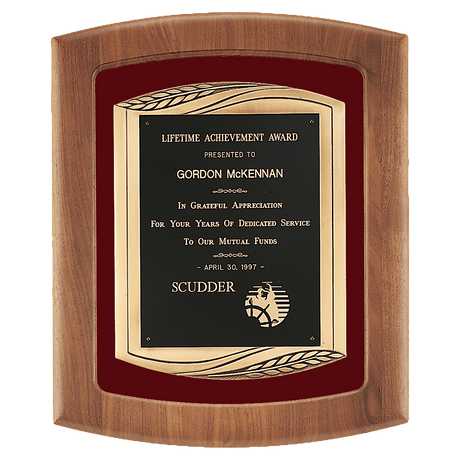 Walnut Frame with Maroon Velour Background and Black Laser Engravable Plate in an Antique Bronze 14" x 17" American Finished Frame Casting