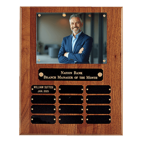 10 1/2" x 13" American Walnut 12 Plate Photo Plaque w/Black Brass Plates-Holds 5" x 7" Photo